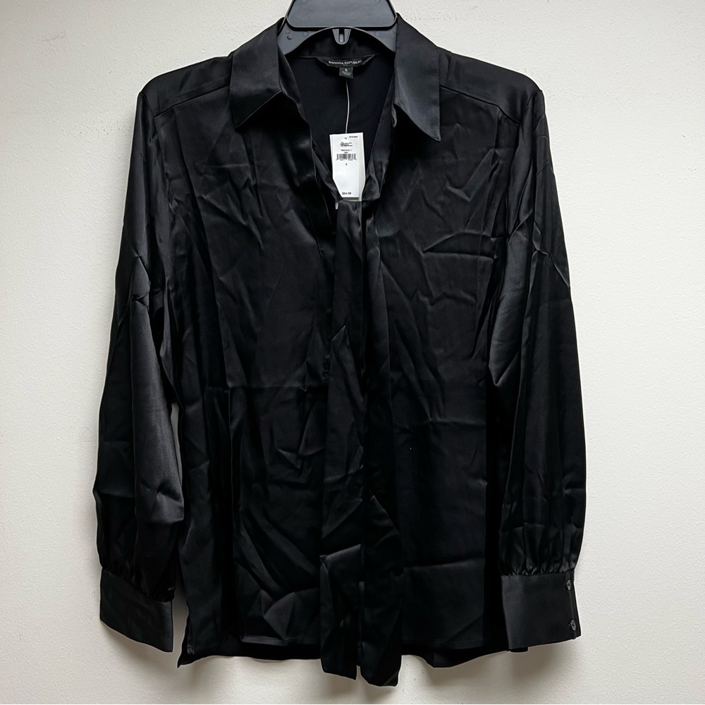 Banana Republic - Long Sleeve Silk Tie Neck Blouse - Black - Size S - New